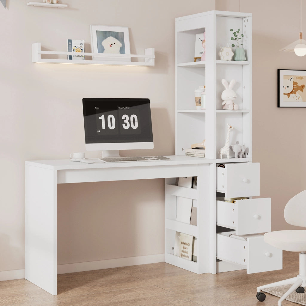 Scrivania bianca con libreria, 3 cassetti e vano laterale 150x50x180 cm
