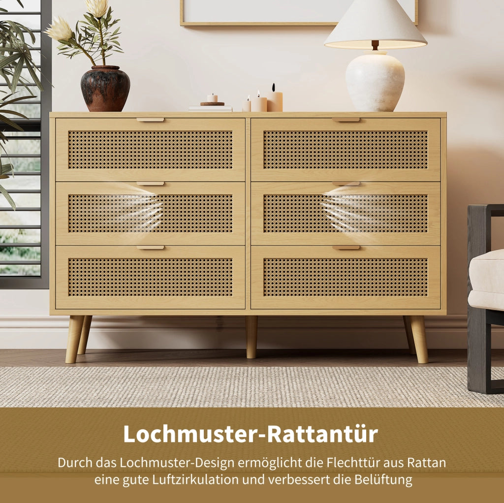 Cassettiera vintage con 6 cassetti 120x40x76;5 cm in truciolare effetto rovere