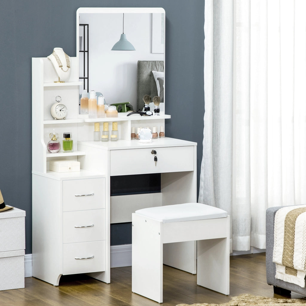 Cassettiera trucco con specchio e sgabello ¨C Minimal ¨C 80x38x143 cm bianco