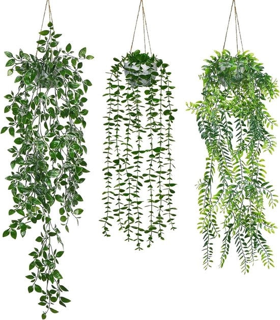 Set di Opacizzazione Artificiale per Piante con Vasi - Decorazione Artificiale di Eucalipto - Decorazione Interna e Esterna - Verde Persiano - 3 Pezzi