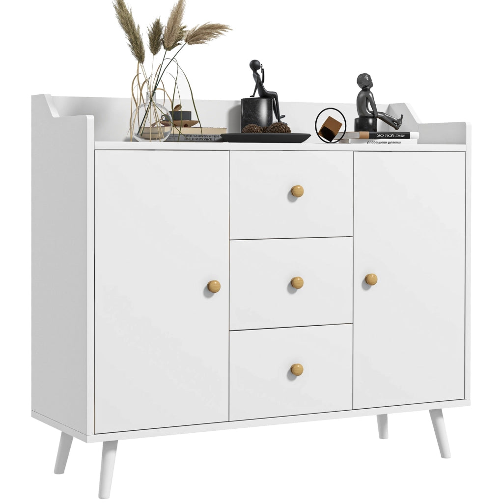Credenza Moderna con 2 Ante e 3 Cassetti ¨C Minimal ¨C Bianco Legno Pino 90x32x80