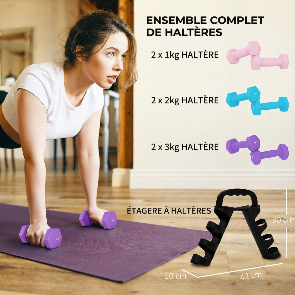Set di manubri esagonali ¨C Minimal ¨C 2x1 kg, 2x2 kg, 2x3 kg con supporto