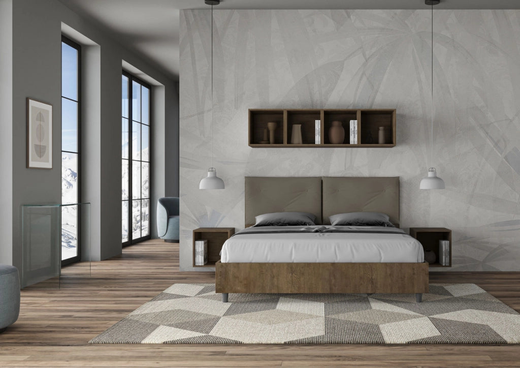 BS COM Letto matrimoniale con rete 160x190 Noce cuscini similpelle cappuccino