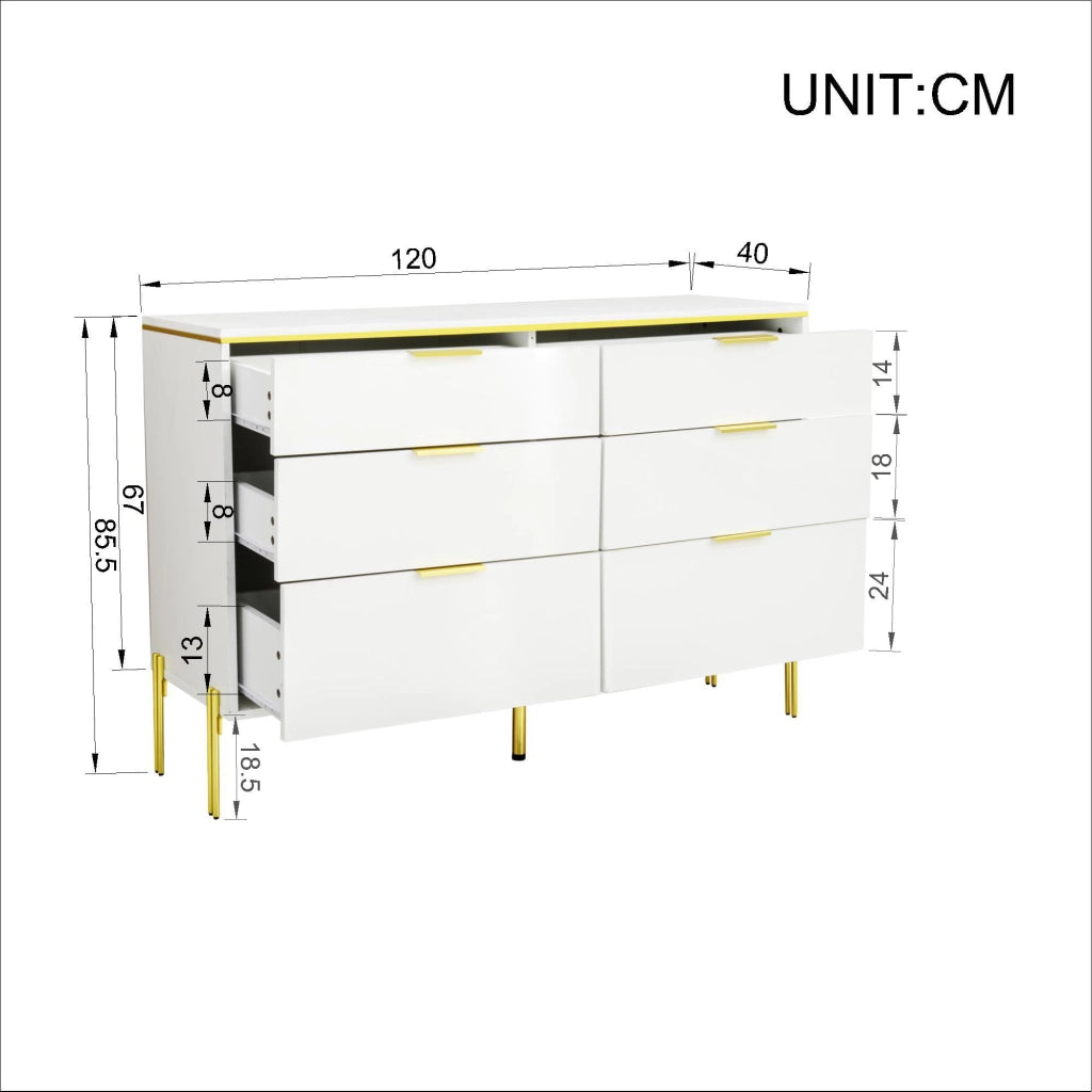 CREDENZA 120x40x85,5 cm 6 cassetti Bianco Oro