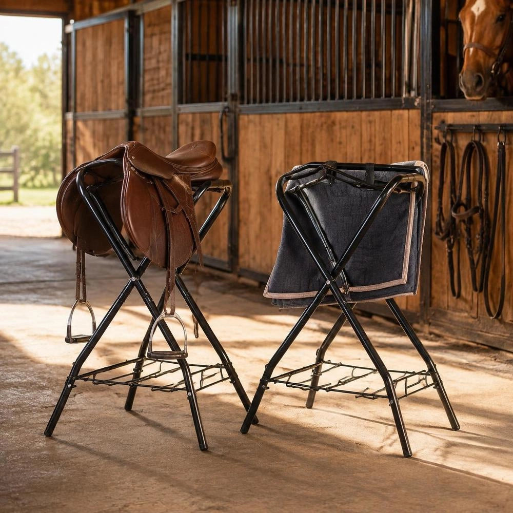 Foldable Saddle Rack, Set Of 2, Horse Saddle Stand Up To 60 Kg, Portable Horse Blanket Holder, Sturdy Steel Saddle Stand For English And Western Saddles, Bridle Storage, Black