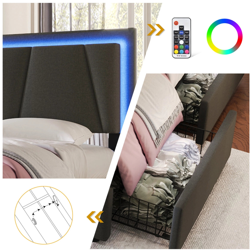 LETTO 140x200 cm grigio con LED e 4 cassetti, testiera regolabile