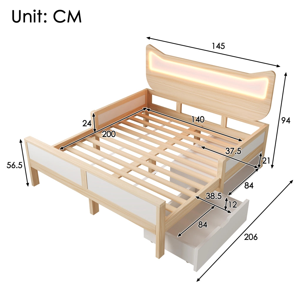 Letto per bambini con orecchie da gatto - Zephmum- 140¡Á200 cm - LED RGB - Bianco e quercia