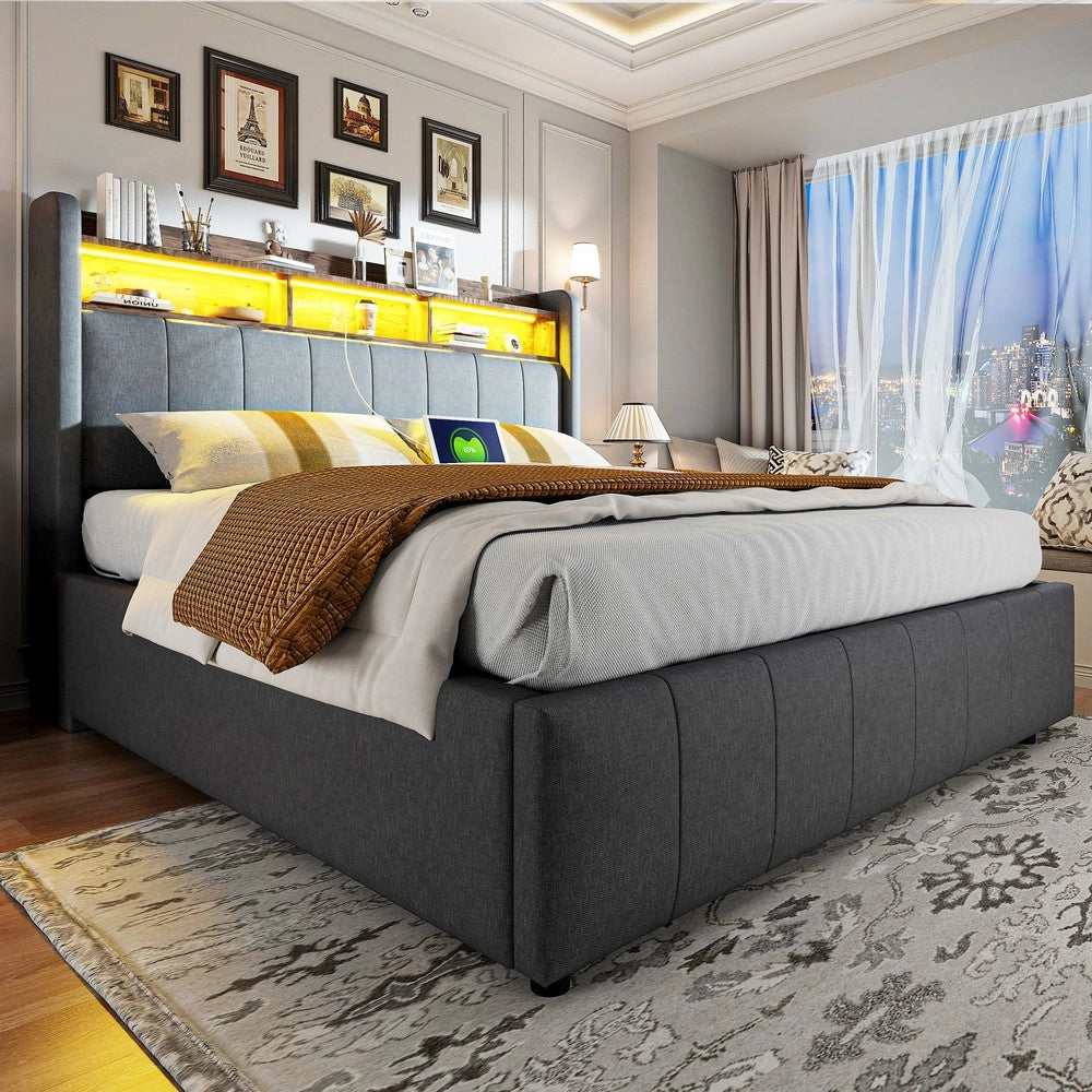 Letto Imbottito Contenitore con LED e USB ¨C MINIMAL ¨C Tessuto Grigio 160x200