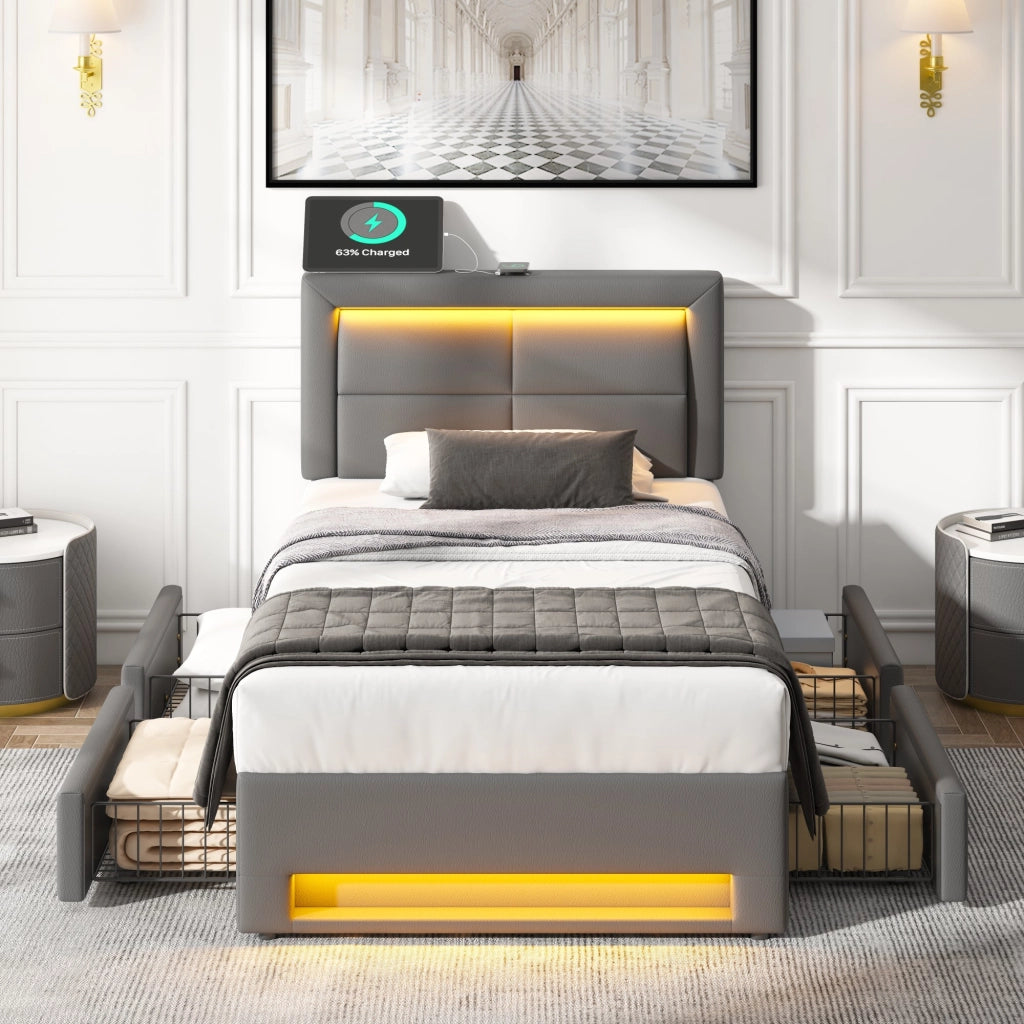 LETTO Imbottito 90x190 cm PU Grigio con USB, LED e 4 cassetti