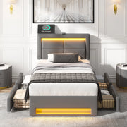 LETTO Imbottito 90x190 cm PU Grigio con USB, LED e 4 cassetti