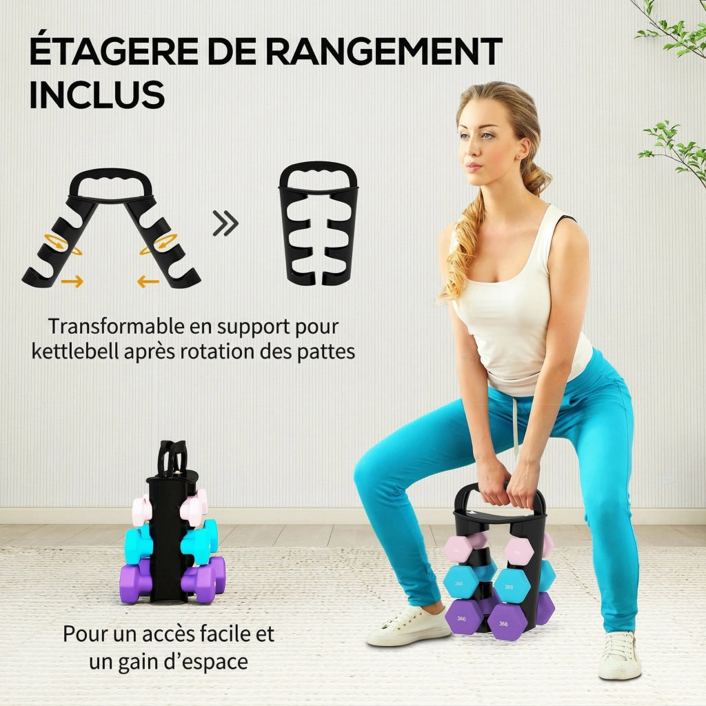 Set di manubri esagonali ¨C Minimal ¨C 2x1 kg, 2x2 kg, 2x3 kg con supporto