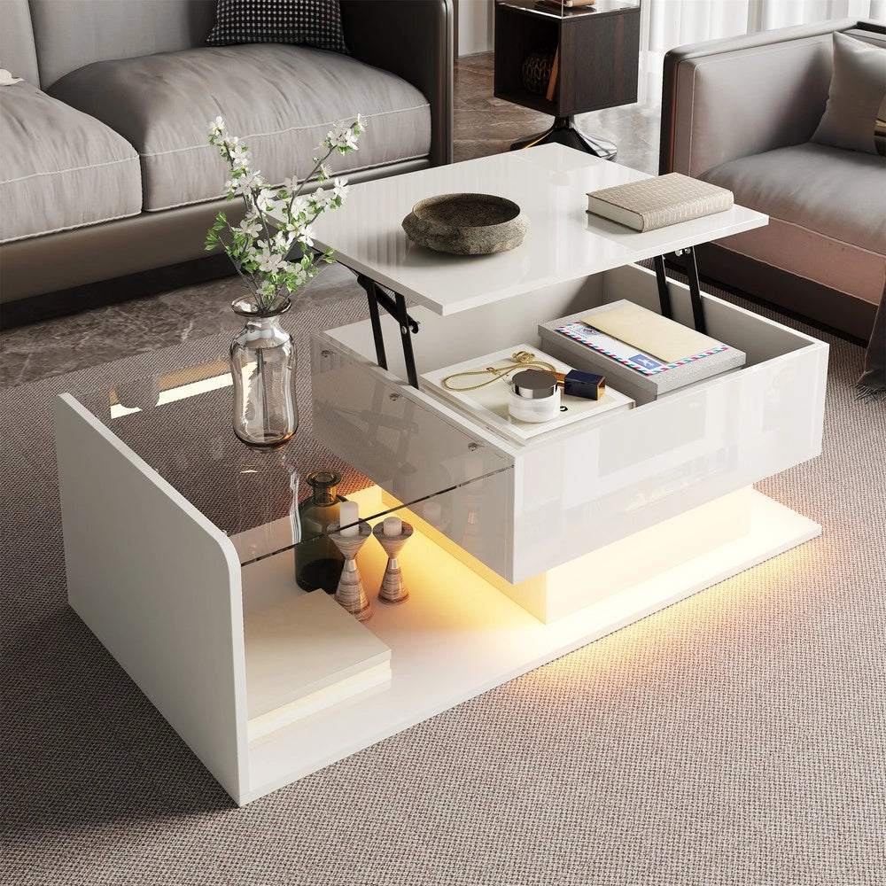 Tavolino da Caff¨¨ con Vetro e LED ¨C MINIMAL ¨C Bianco Lucido