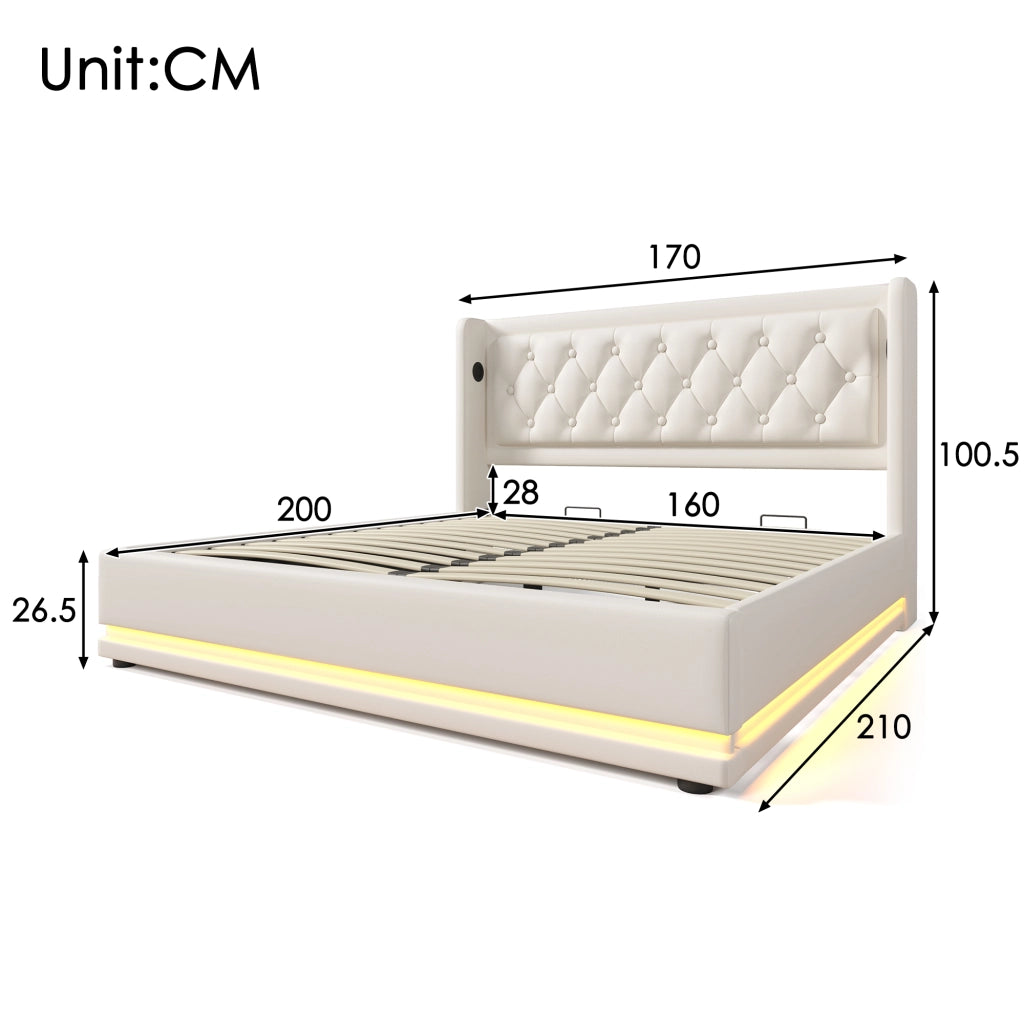 LETTO contenitore 160x200 cm bianco PU con USB Type-C e LED