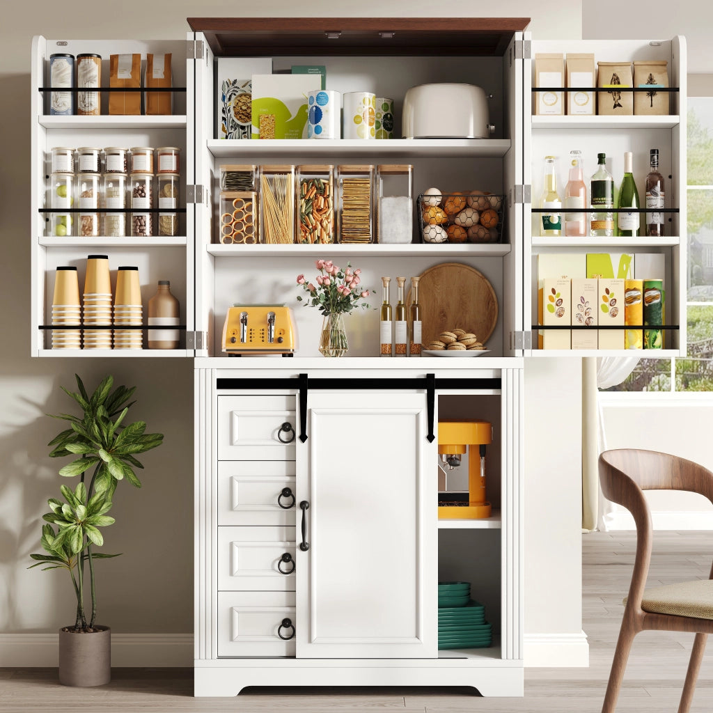 Colonna da cucina con 4 cassetti, ripiani regolabili e soft-close, mensola laterale, per cucina, bianco, 80 × 39,8 × 180 cm
