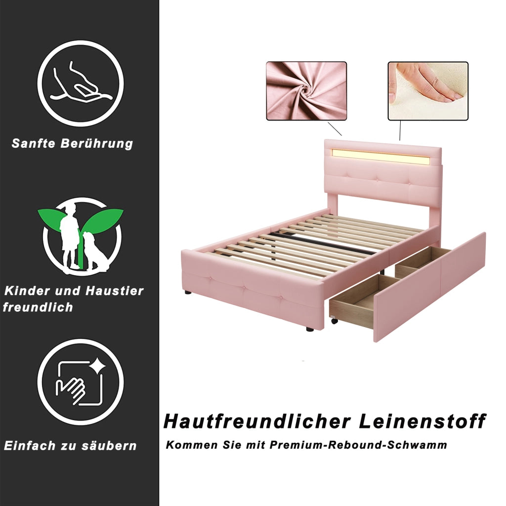 LETTO 90x200 cm Rosa con LED e 2 cassetti