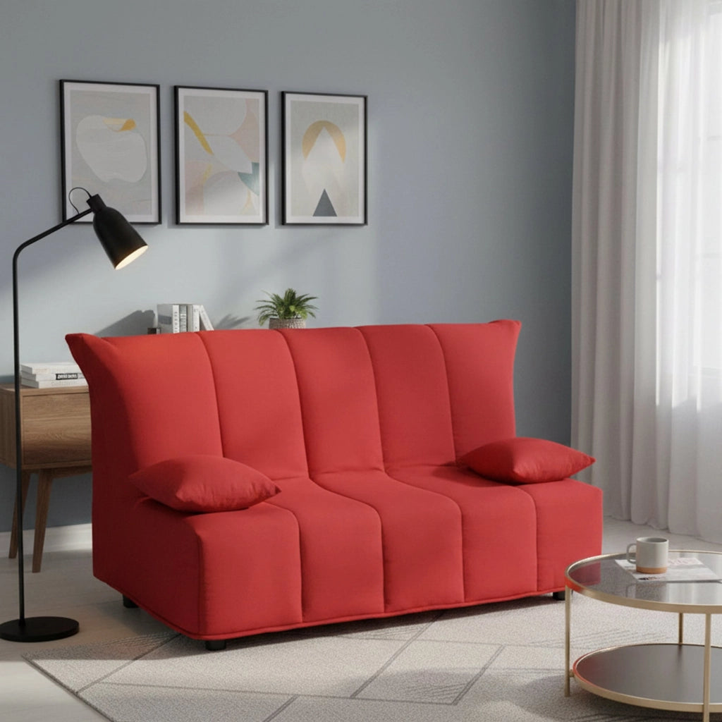 Divano Letto Antal, Divano a 3 posti, Made in Italy, Sofà\  Soggiorno con apertura a carrello con apertura a carrello, in tessuto imbottito, con cuscini inclusi, cm 165x90h85, colore Rosso