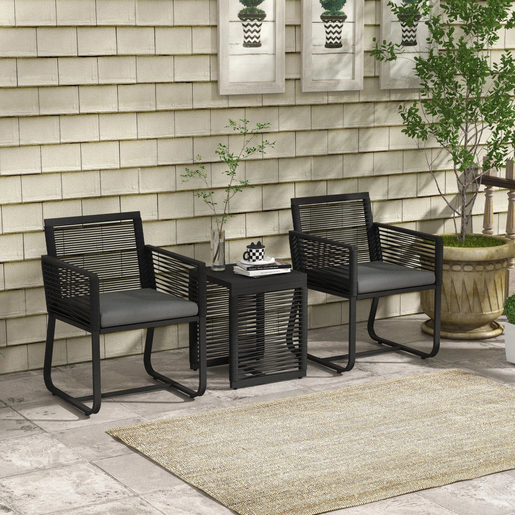 Set da Giardino Poltroncine e Tavolino ¨C Minimal ¨C Rattan Nero con Cuscini e Vetro