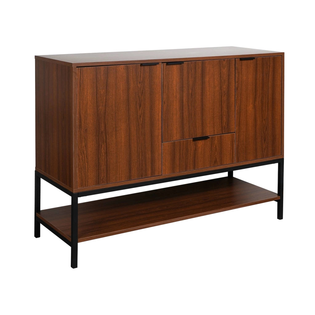 Credenza effetto legno tinto noce e metallo a 3 ante, 110cm, noce