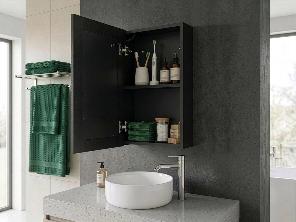 Specchiera da bagno in vetro nero e legno ingegnerizzato con LED 40 x 60 cm Design moderno