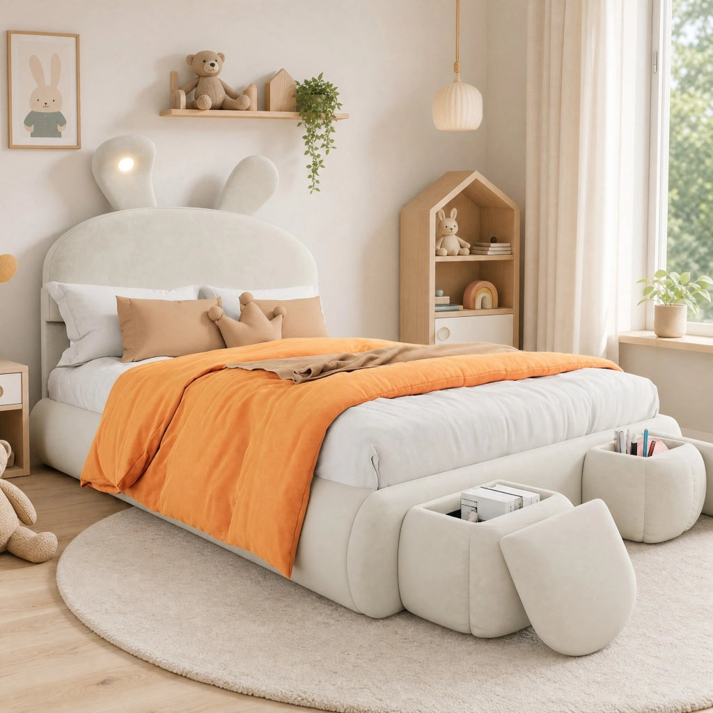 Letto imbottito beige con orecchie decorative, contenitore idraulico e 2 pouf