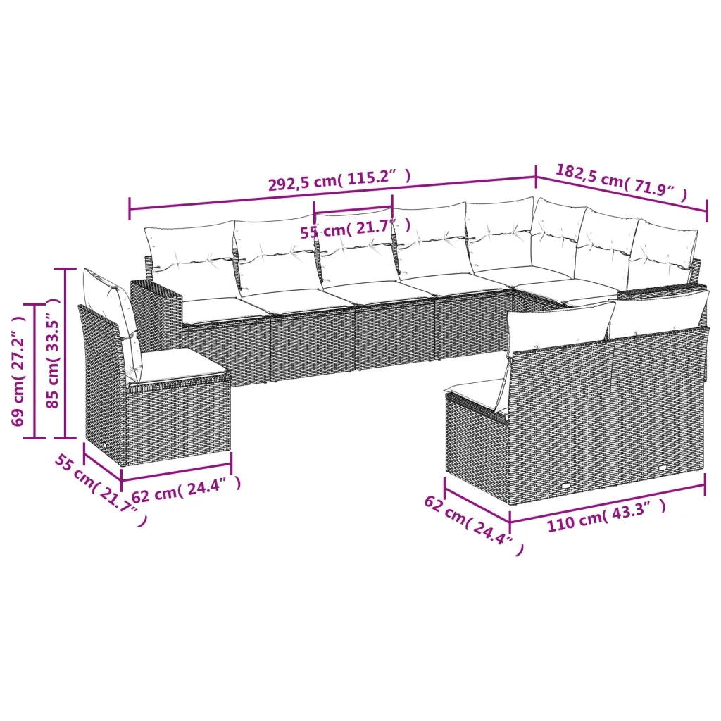 Set Divano Giardino 10 pz con Cuscini Grigio Chiaro Polyrattan 3251449