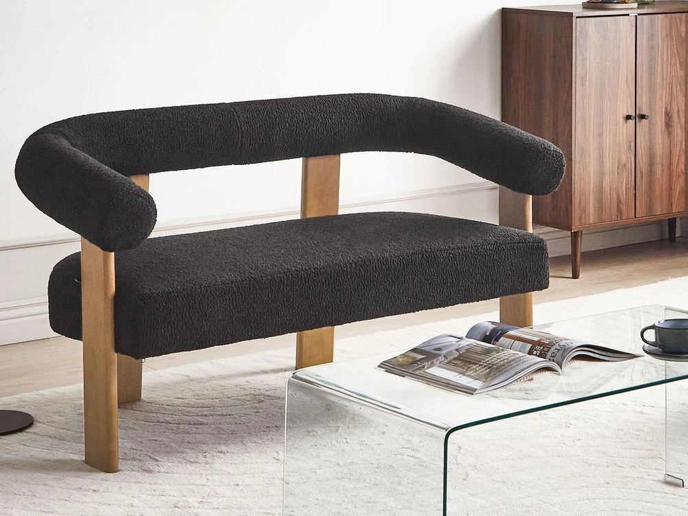 Divano a 2 posti Boucle nero e Marrone Scuro stile retrò gambe in legno