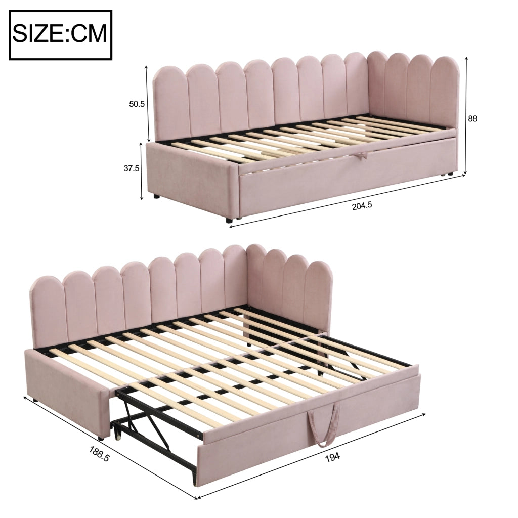 Divano letto estraibile a L 90x200/180x200 cm in velluto rosa con letto supplementare