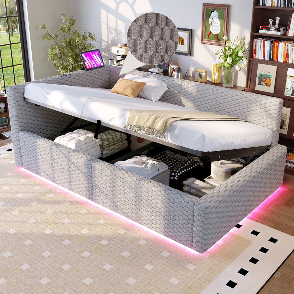 LETTO imbottito 90x200 cm con LED, USB-C, velluto grigio, rete idraulica