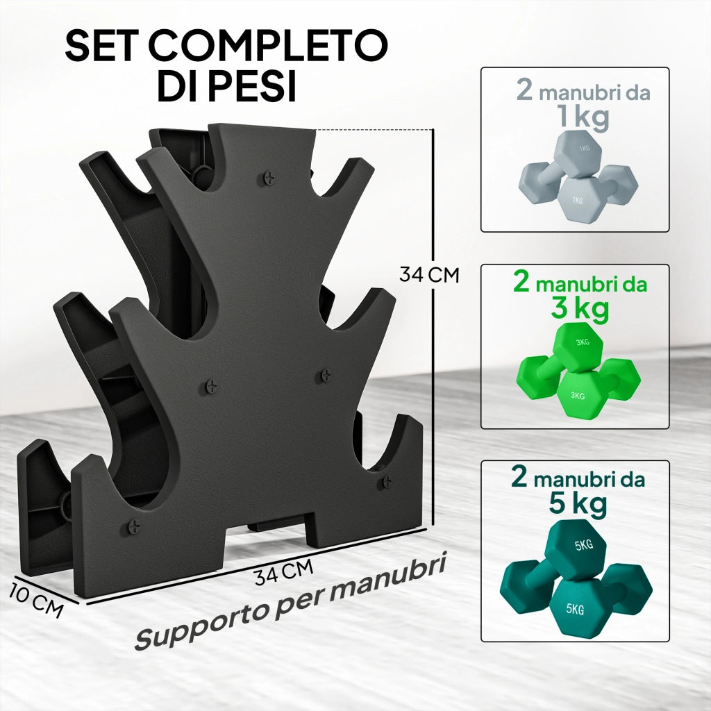 Set Manubri Esagonali 18 kg ¨C Xylo ¨C Con Supporto, Acciaio e Plastica