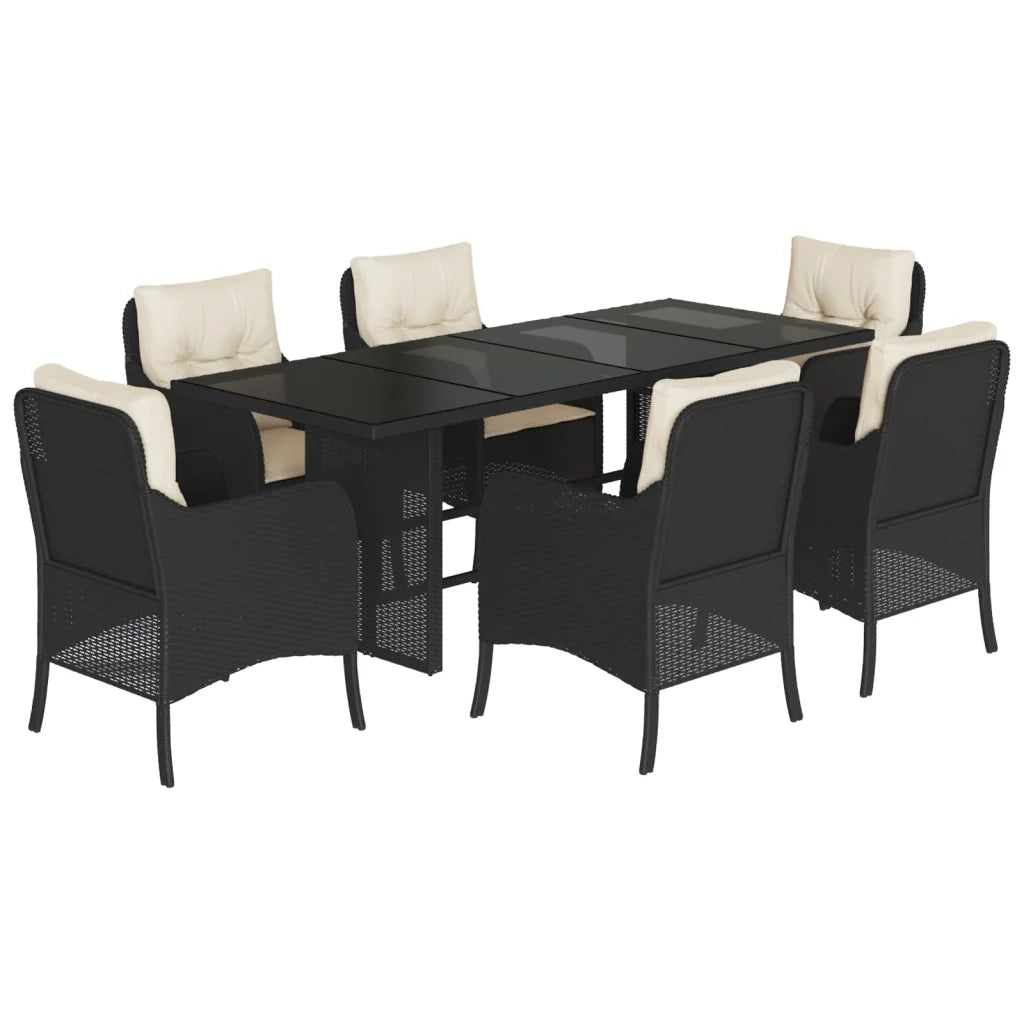 Set da Pranzo da Giardino 7 pz Nero con Cuscini in Polyrattan