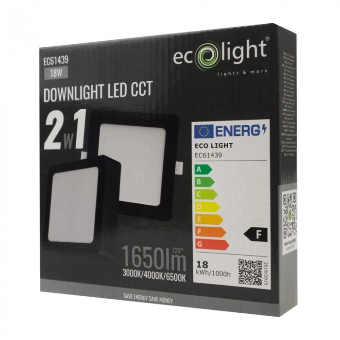 Downlight LED quadrato 18W CCT nero 2in1 Ecolight