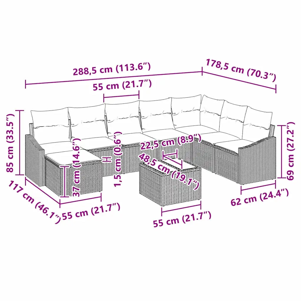 Set di divani con cuscino 9 pcs Beige polyrattan 3346851