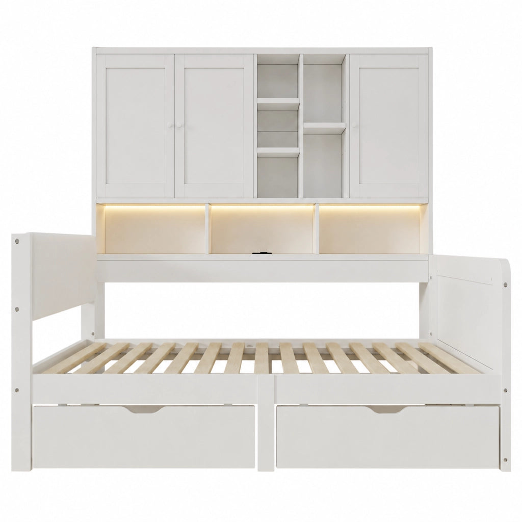 Letto singolo 90x200 con contenitore, LED, USB/USB-C e scaffali laterali in MDF bianco