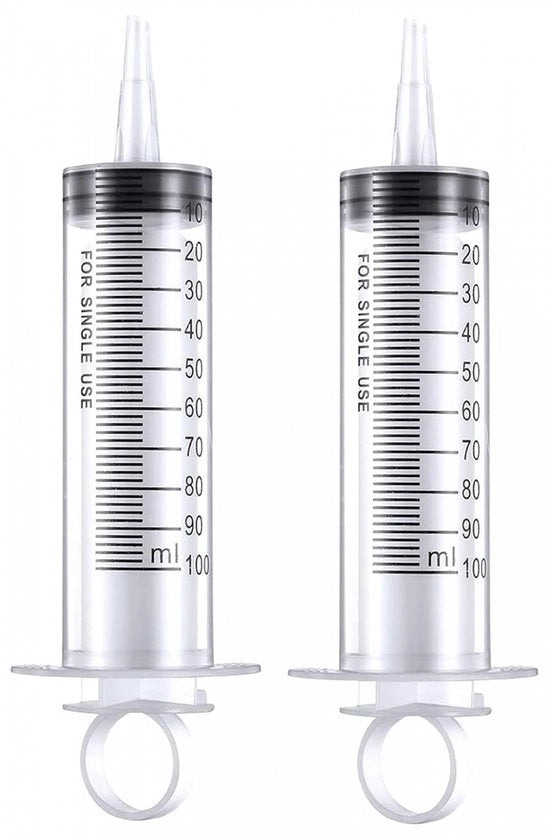 Set di siringhe - 2 pezzi - 100 ml - Siringa a dosaggio - Siringa con bocchetta extra lunga - Siringa senza ago e con bocchetta extra lunga
