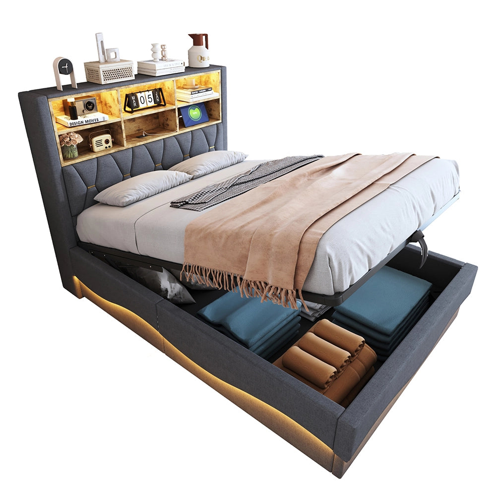 Letto-Xylo-140x200 cm-LED app, USB, metallo, lino grigio