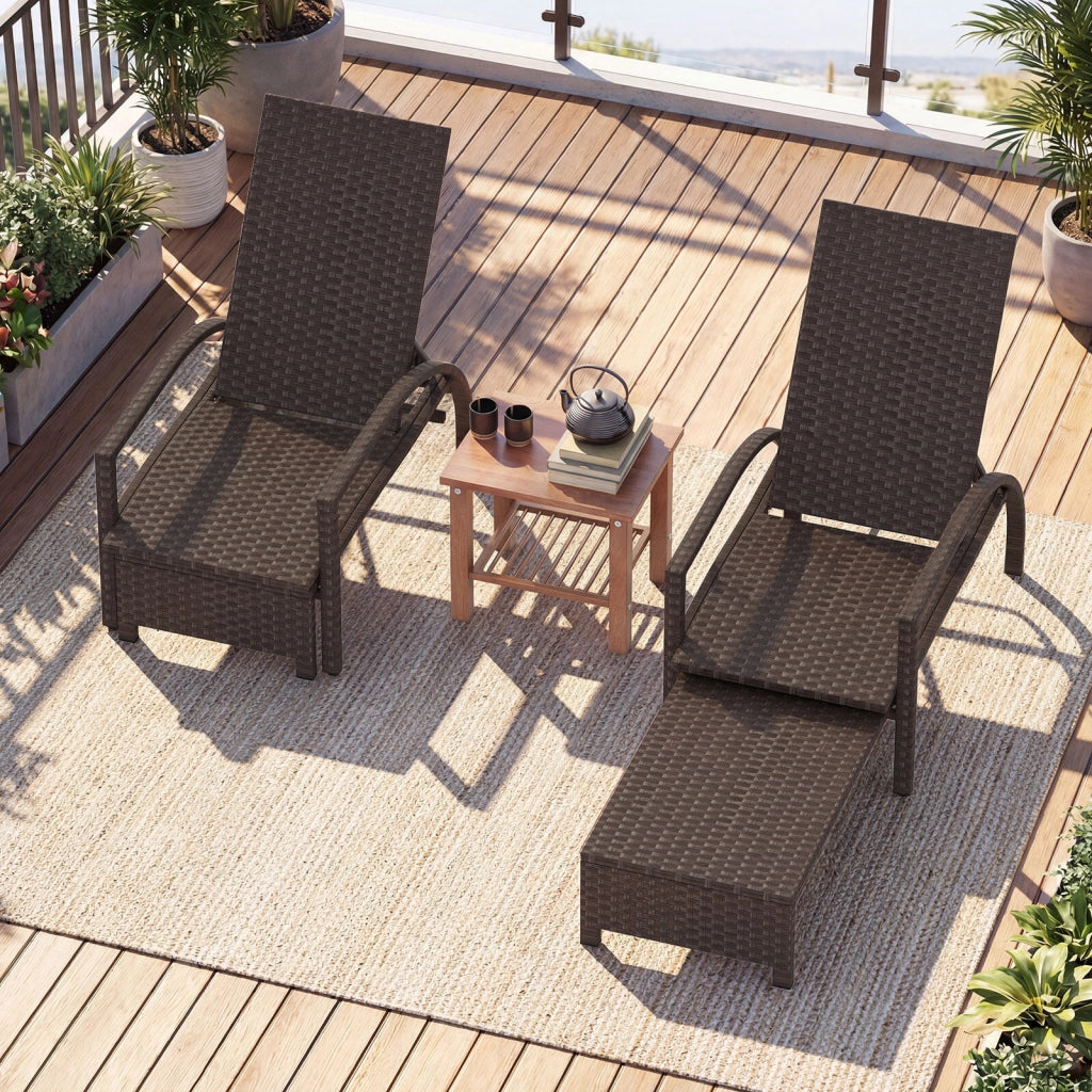 Set di 2 lettino prendisole pieghevole da giardino con schienale regolabile in 6 posizioni, Sedia da salotto in rattan con poggiapiedi