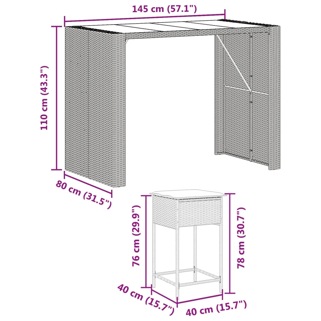 Set Bar da Giardino 7 pz con Cuscini in Polyrattan Marrone 3261509