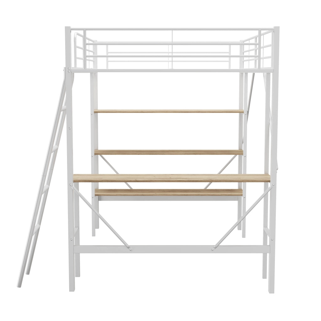 Letto a soppalco 90 × 200 cm con scrivania e tre ripiani in metallo e MDF bianco con scala fissa