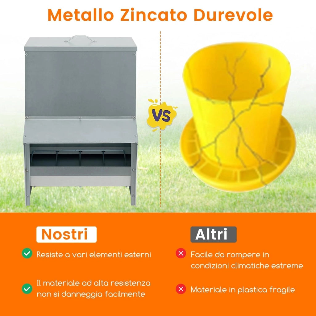 Mangiatore per Galline da 22kg in Acciaio Zincato, Mangiatoia Automatica a Muro con Coperchio, Forniture Agricole per Polli, Anatre, Tacchini e Oche, 35 x 35 x 55 cm