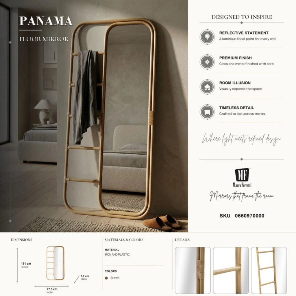 Specchio da terra Panama con cornice in ferro e rattan boho