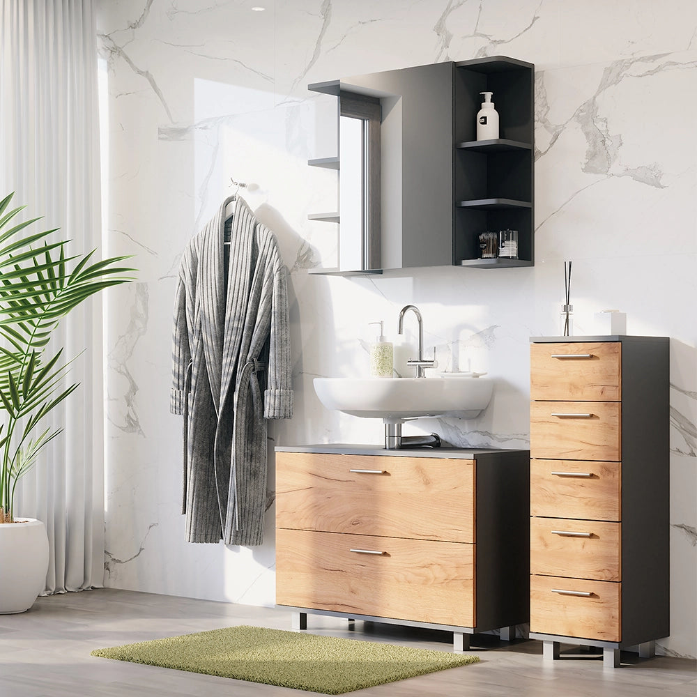 Vicco Set di mobili da bagno Quercia dorata/antracite 3 parti, con base 80 cm