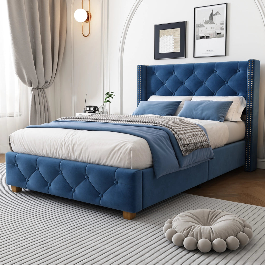 LETTO imbottito 90x200 cm in velluto blu con rete a doghe