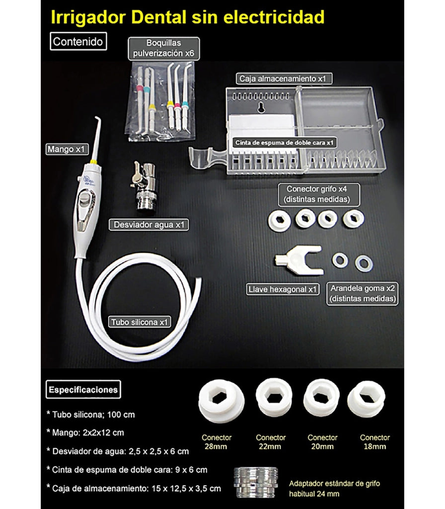 Irrigatore Dentale Standard e Adattatori Doccia | Senza Batterie | Pressione Rubinetto | Getto Illimitato