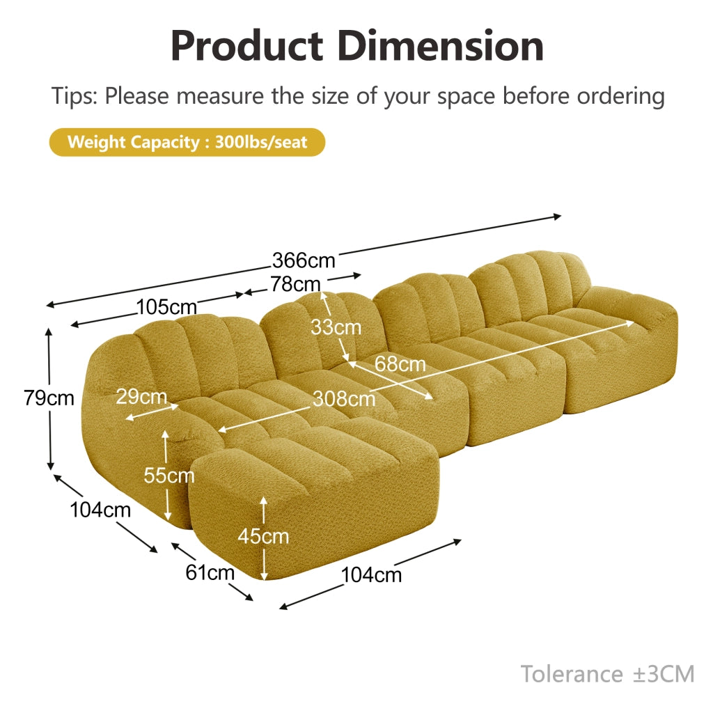 Divano modulare a 4 posti con pouf - Zephmum- Schiuma 32D, seduta profonda, guscio, tessuto morbido, giallo