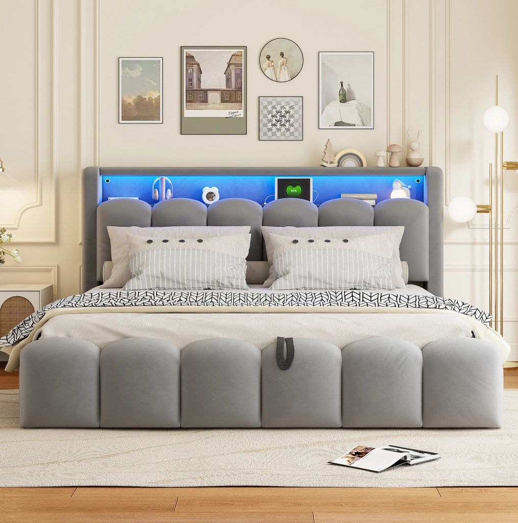Letto imbottito matrimoniale 180x200 con contenitore, LED e porte USB/C
