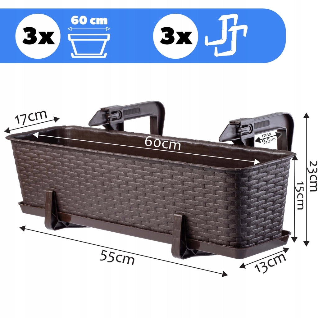 KADAX Fioriera da balcone, 60 cm, marrone, con manici e supporto, 3 pezzi