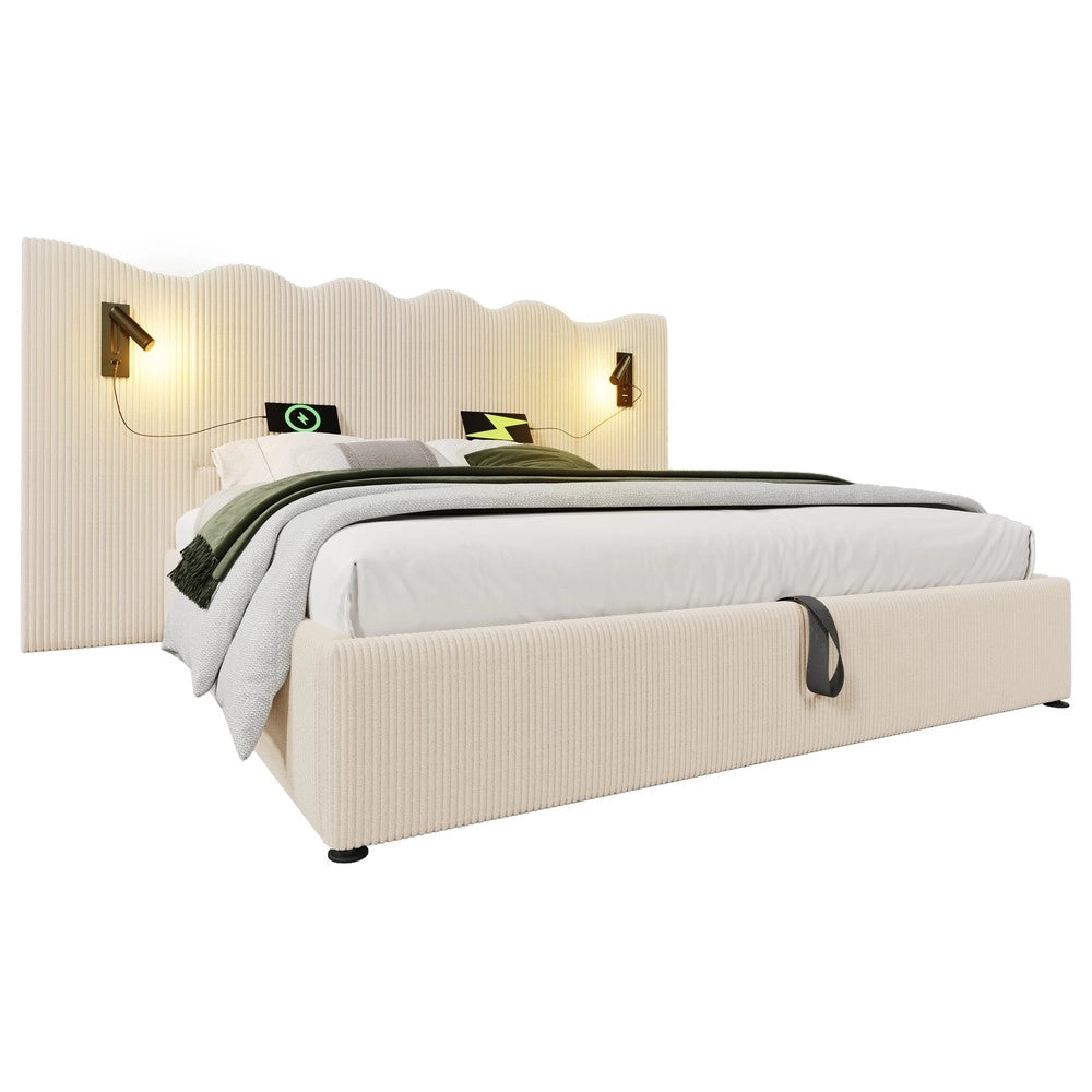 Letto Imbottito Contenitore Matrimoniale con Luce LED e USB ¨C MINIMAL ¨C Cordone Beige/Bianco, Doghe Massello, 180x200