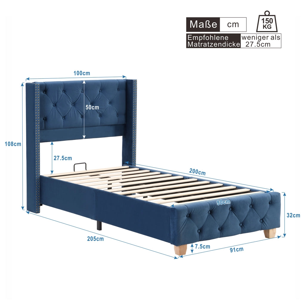LETTO imbottito 90x200 cm in velluto blu con rete a doghe