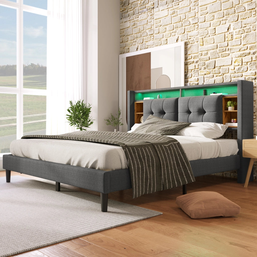 LETTO Matrimoniale 140x200 cm Grigio con testiera contenitore, LED e USB