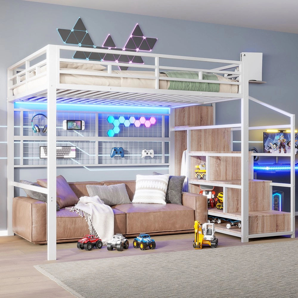 Letto a Soppalco con LED e Armadio ¨C MINIMAL ¨C Bianco 140x200
